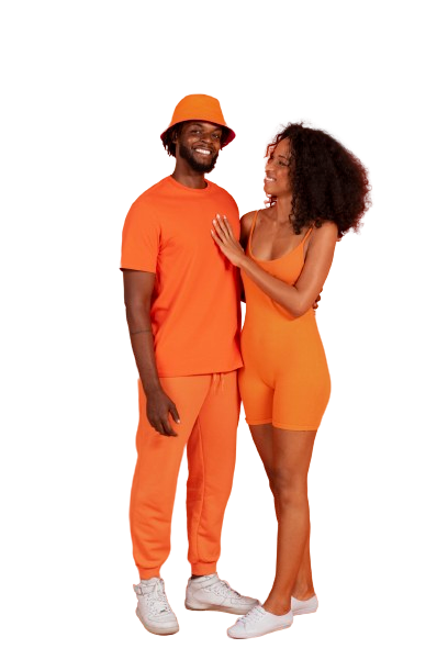 couple wearing plain orange outfits