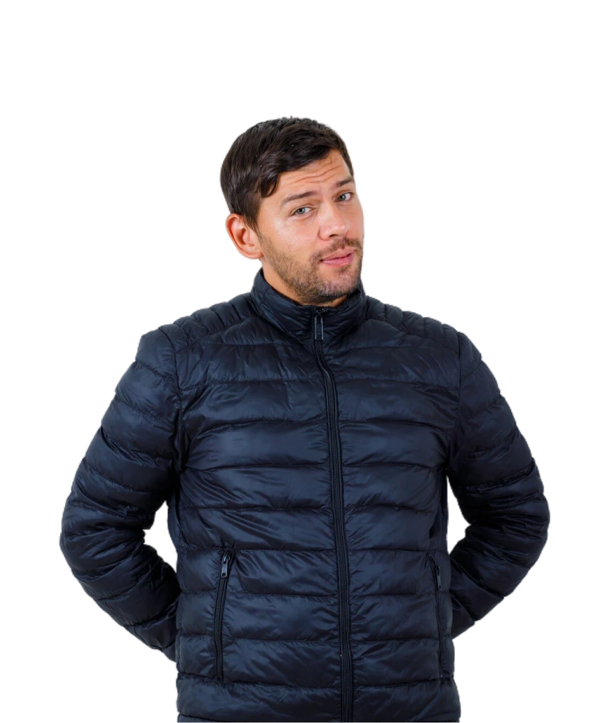 Man in puffy, unbranded black body warmer jacket