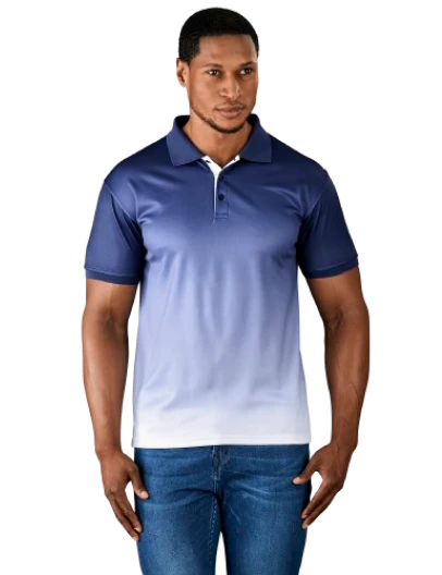 man in blue and white plain golf t-shirt