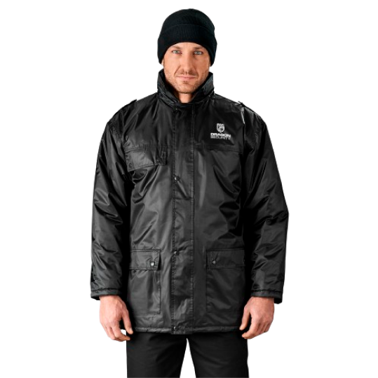 Man wearing full black security jacket and beanie