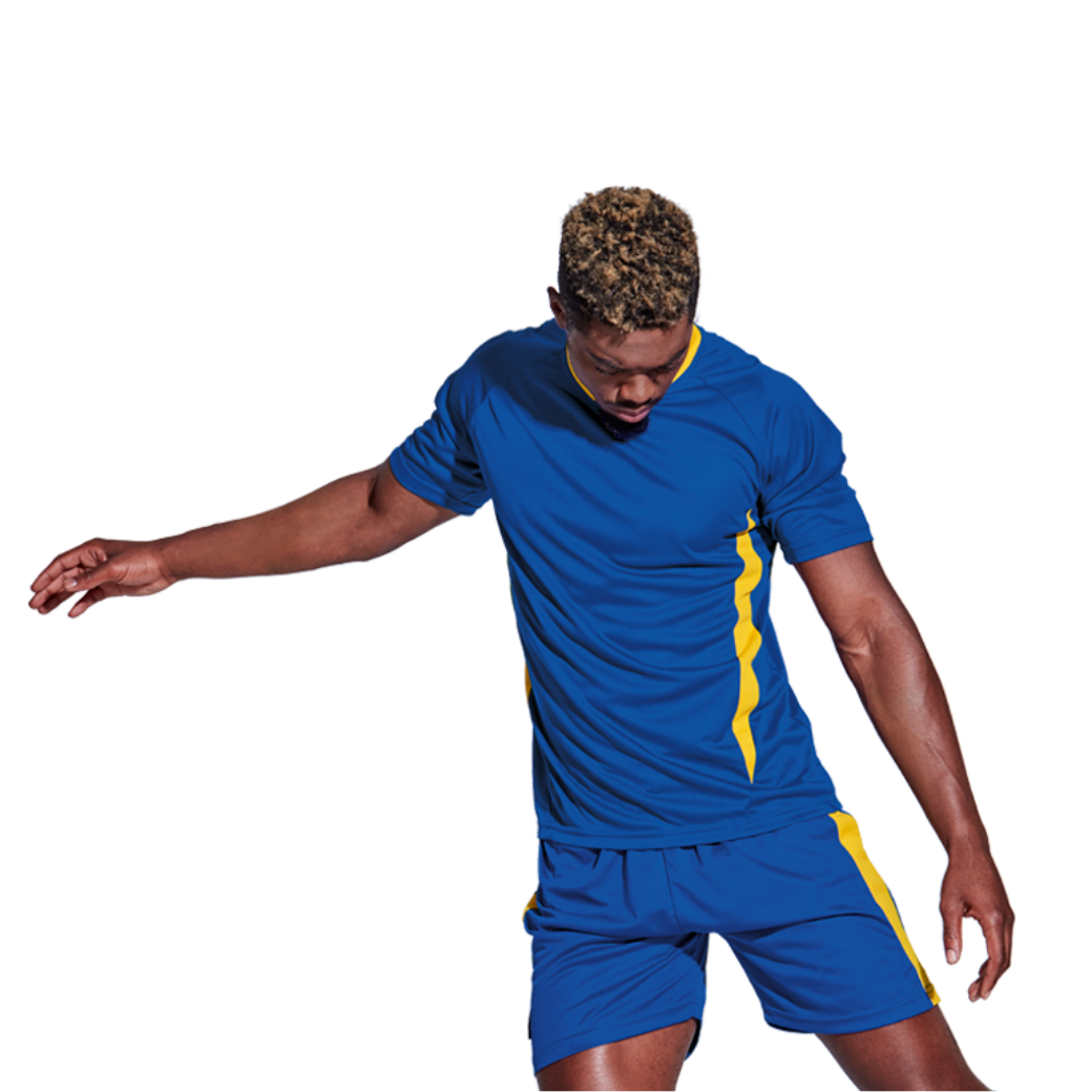 Man wearing an unbranded blue and yellow striped soccer kit