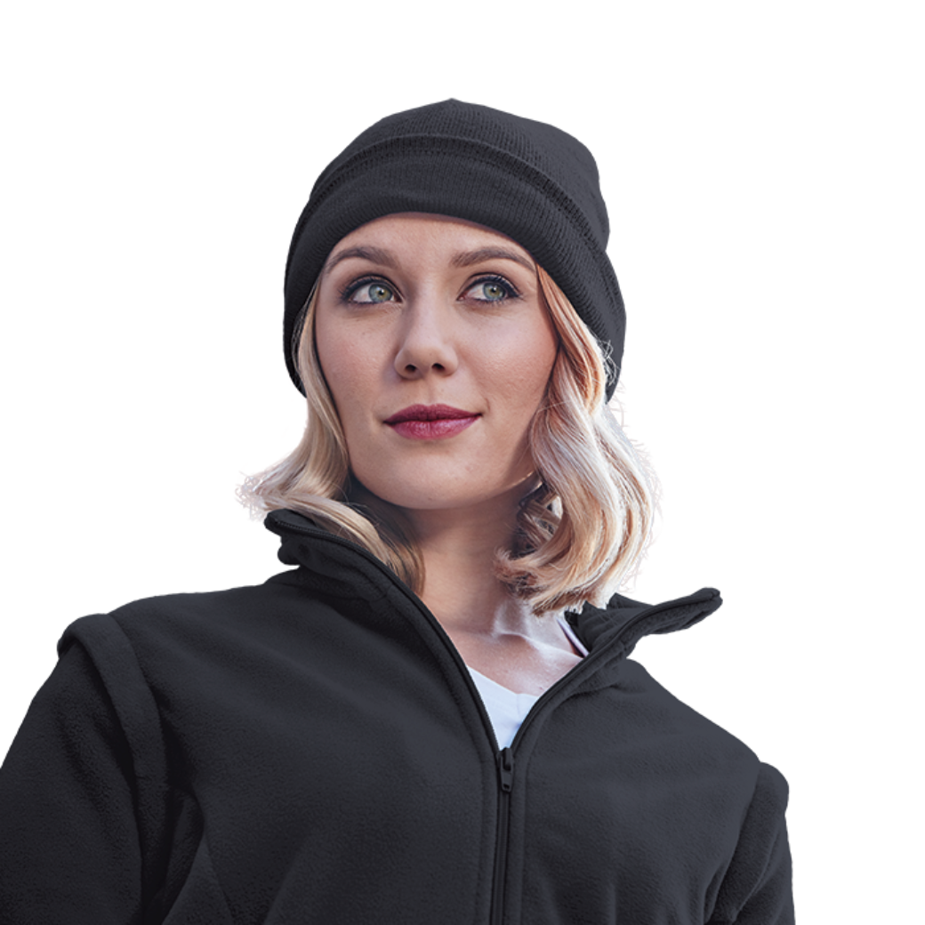Woman wearing a black Barron, unbranded ice knitted beanie
