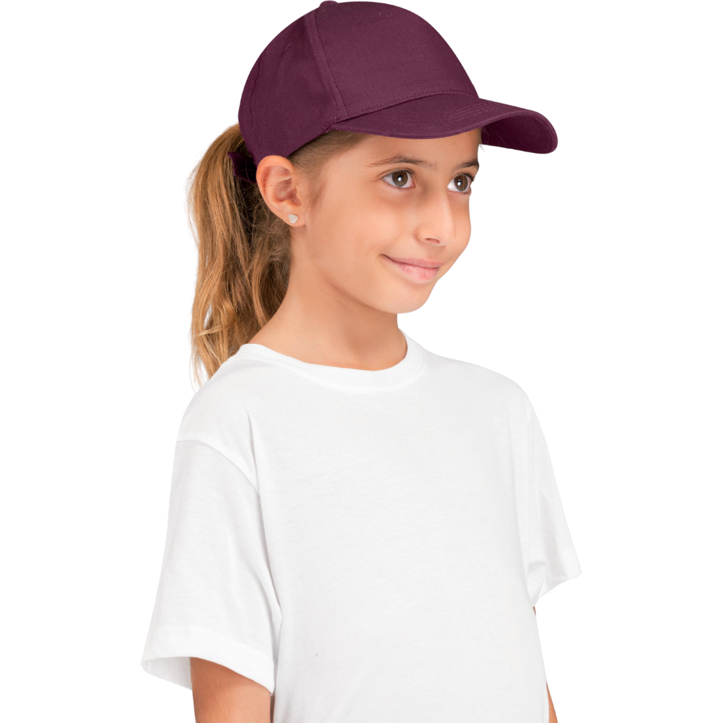Little girl smiling, wearing an unbranded, maroon, 5 panel cap